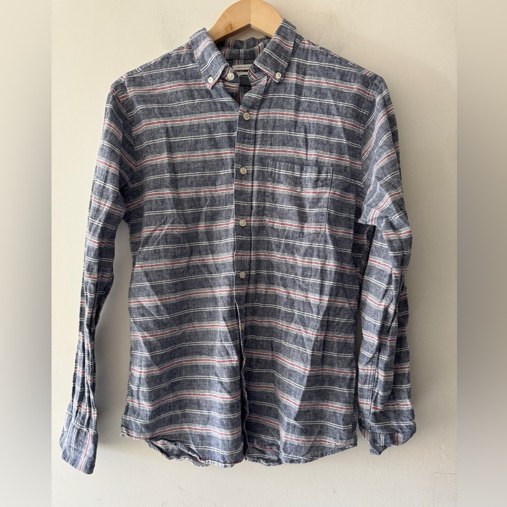 Old Navy Linen Blend‎ Slim Fit Striped Button Down Shirt Mens Size Small Pocket